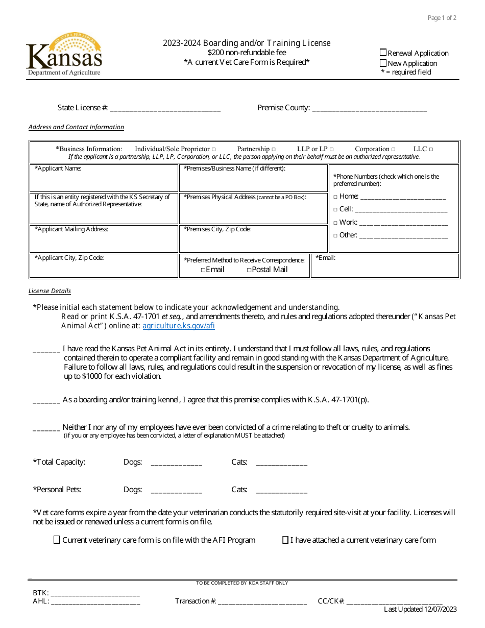 2024 Kansas Boarding Or Training Kennel License Application Download 2024-kansas-boarding-or-training-kennel-license-application-download
