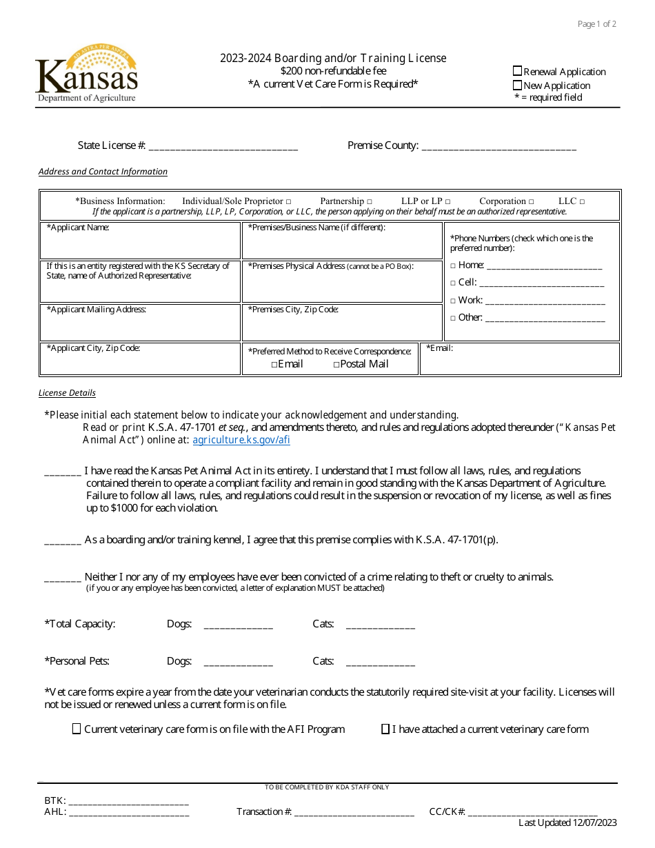 Boarding or Training Kennel License Application - Kansas, Page 1
