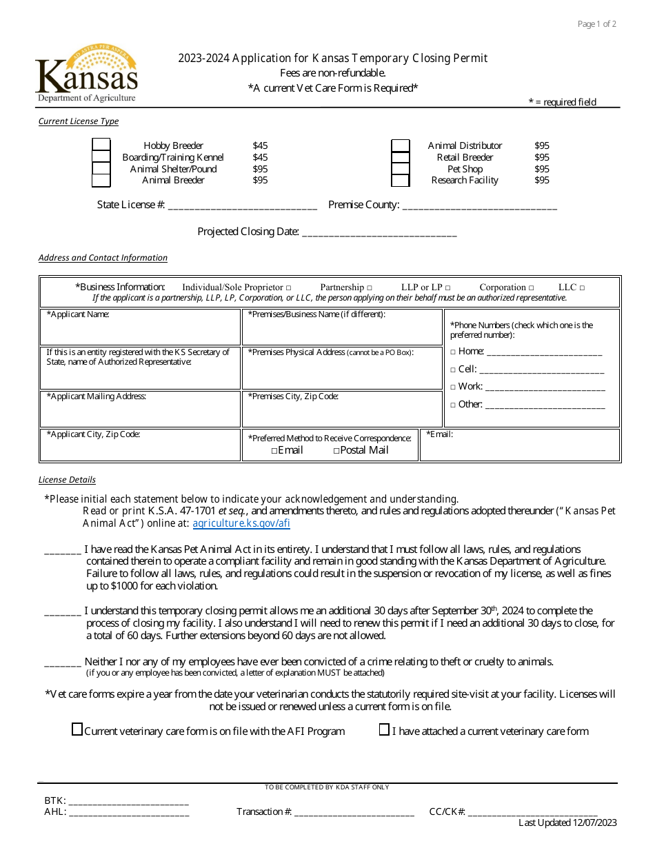 Application for Kansas Temporary Closing Permit - Kansas, Page 1