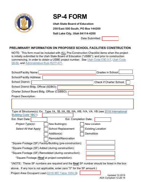 Form SP-4 Preliminary Information on Proposed School Facilities Construction - Utah