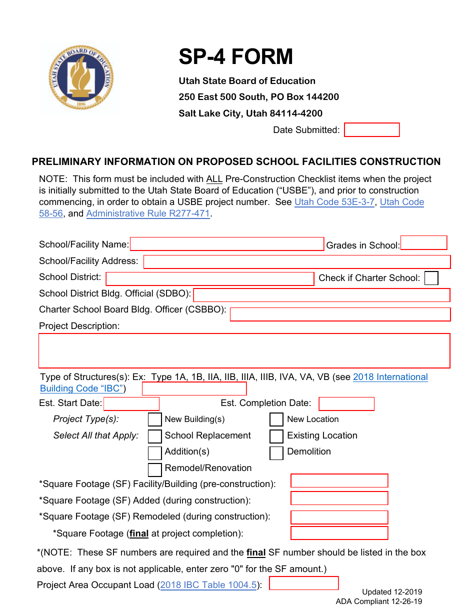 Form SP-4 Preliminary Information on Proposed School Facilities Construction - Utah, Page 1