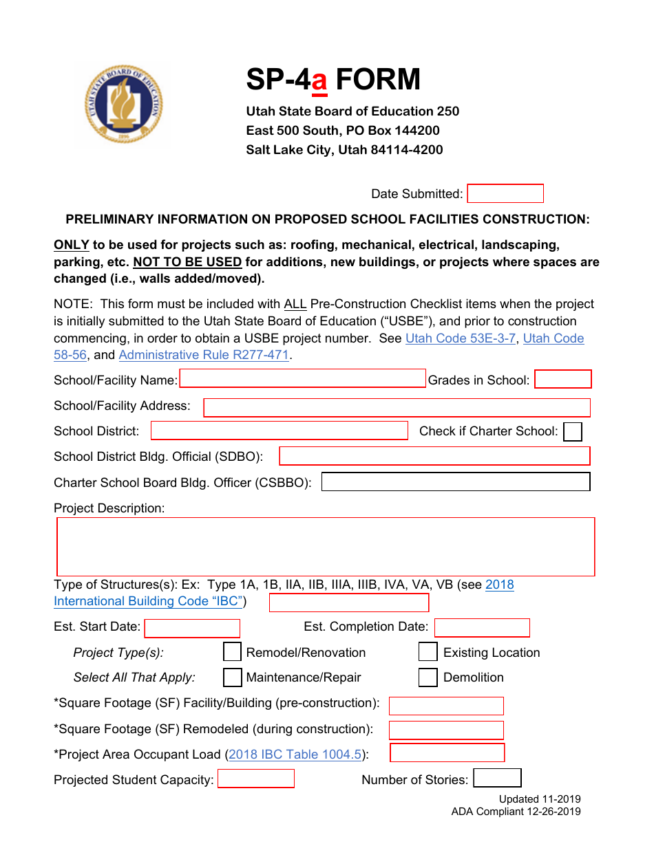 Form SP-4A Preliminary Information on Proposed School Facilities Construction - Utah, Page 1