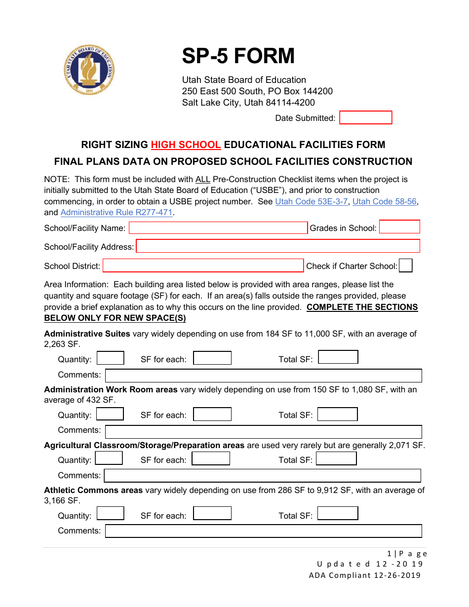 Form SP-5 Right Sizing High School Educational Facilities Form - Utah, Page 1