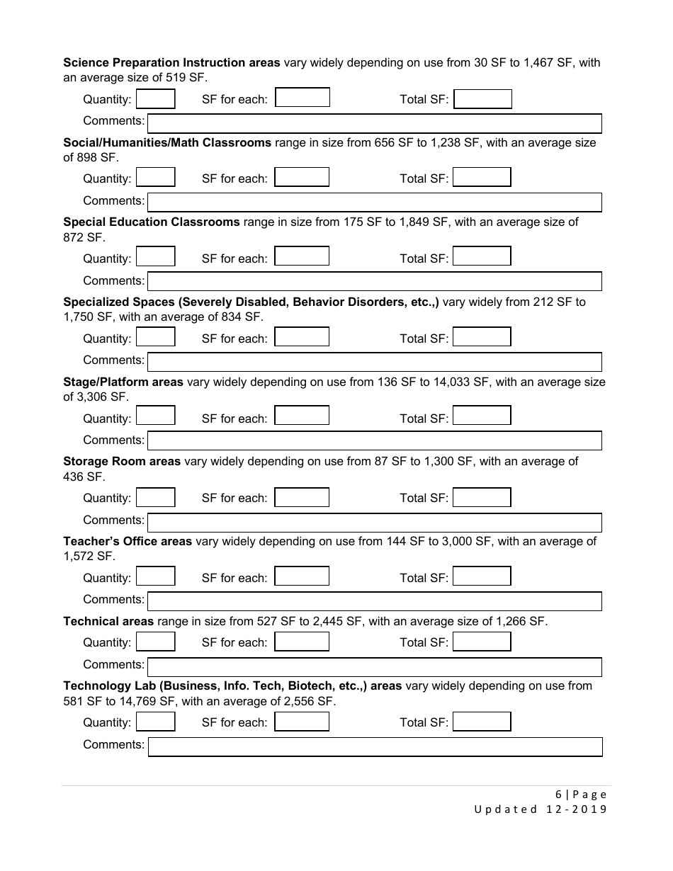 Form SP-5 Right Sizing High School Educational Facilities Form - Utah, Page 6