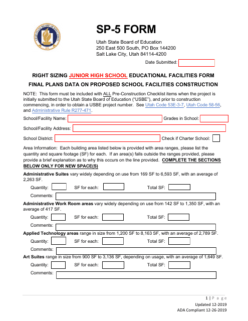 Form SP-5 Right Sizing Junior High School Educational Facilities Form - Utah