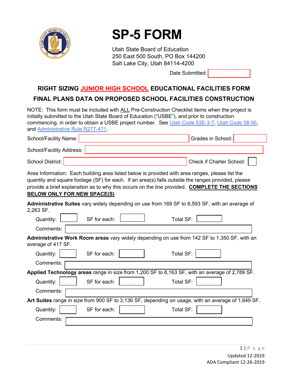 Form SP-5 Right Sizing Junior High School Educational Facilities Form - Utah, Page 1