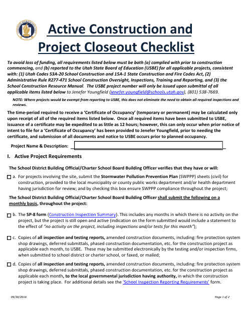 Active Construction and Project Closeout Checklist - Utah