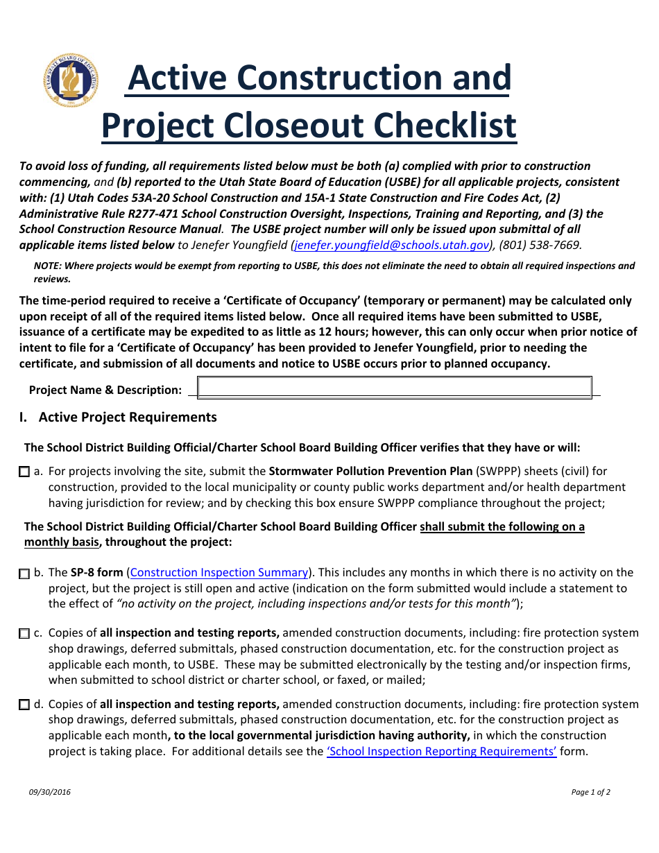 Active Construction and Project Closeout Checklist - Utah, Page 1