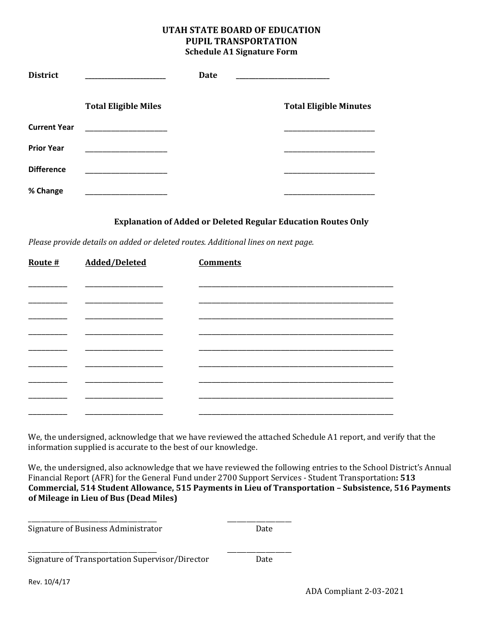 Schedule A1 Signature Form - Pupil Transportation - Utah, Page 1