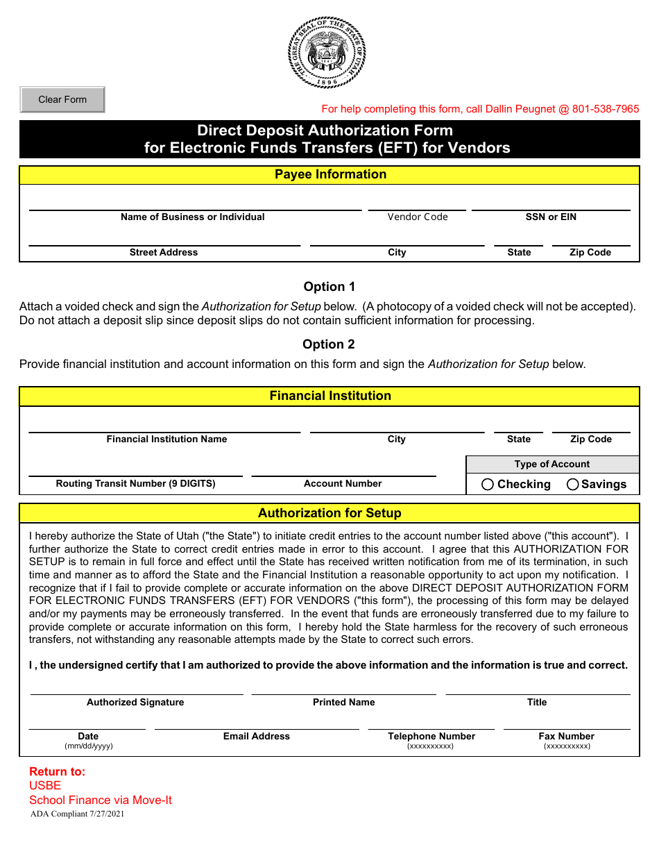 Utah Direct Deposit Authorization Form for Electronic Funds Transfers