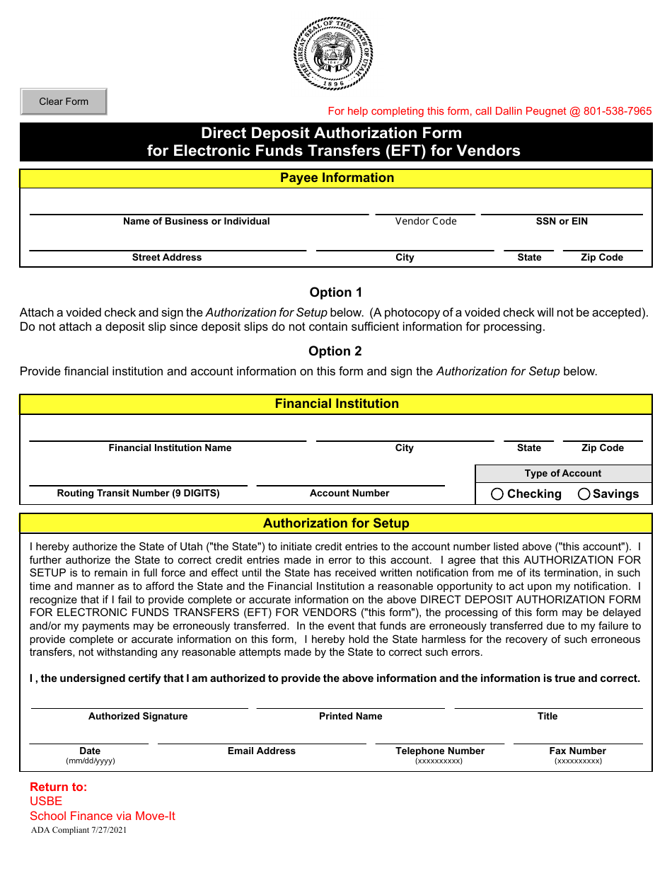 Direct Deposit Authorization Form for Electronic Funds Transfers (Eft) for Vendors - Utah, Page 1
