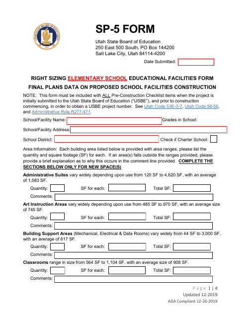 Form SP-5 Right Sizing Elementary School Educational Facilities Form - Utah