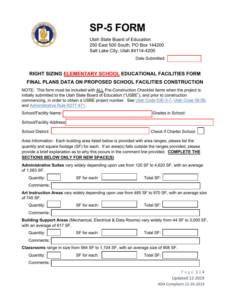 Form SP-5 Right Sizing Elementary School Educational Facilities Form - Utah, Page 1