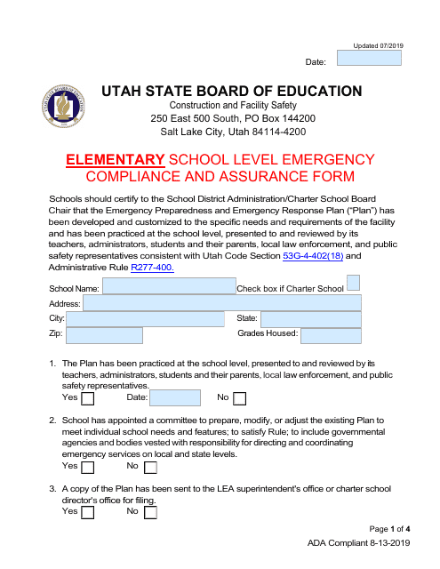 Elementary School Level Emergency Compliance and Assurance Form - Utah