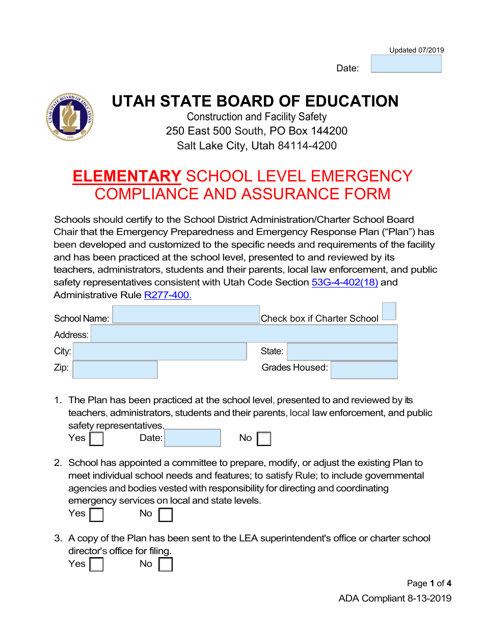 Elementary School Level Emergency Compliance and Assurance Form - Utah, Page 1