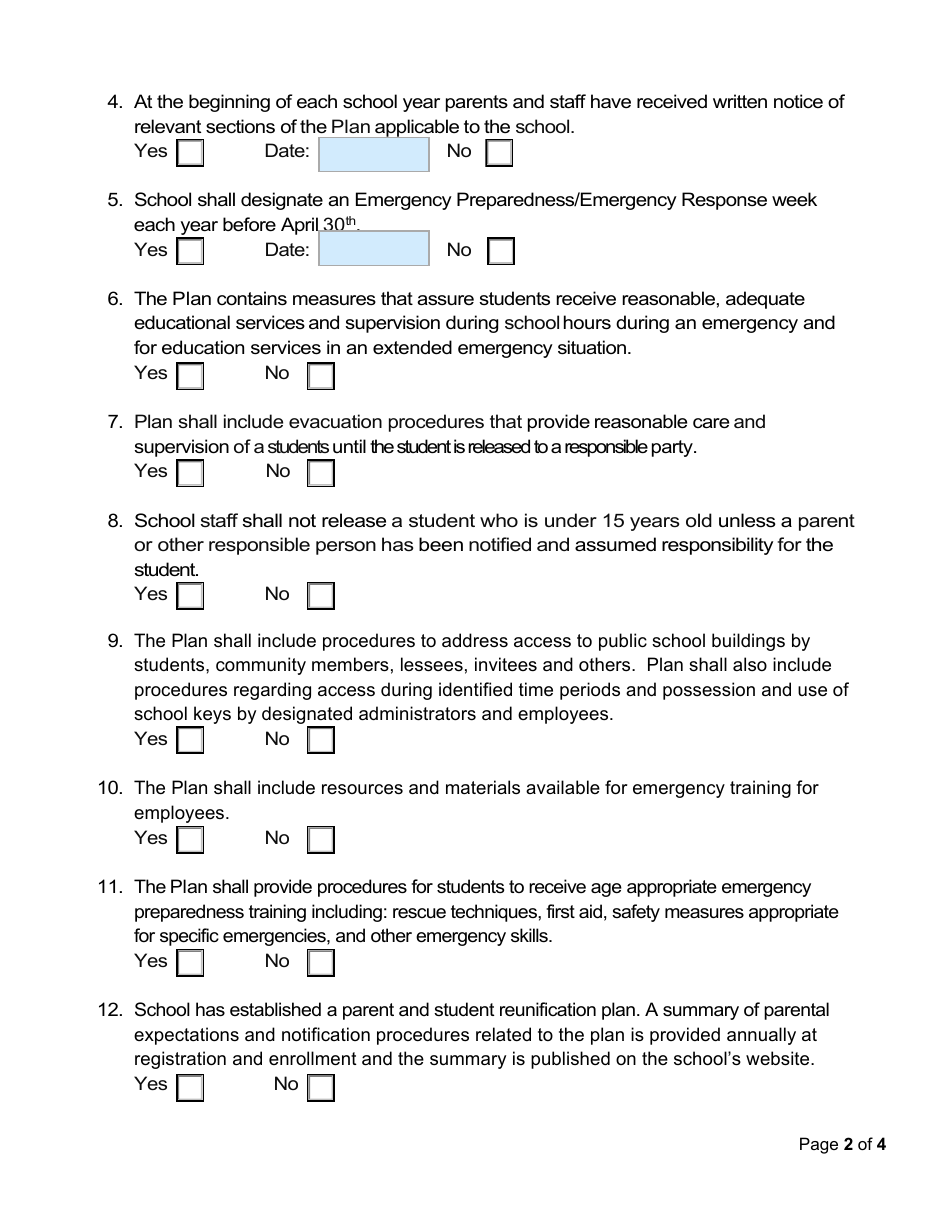 Elementary School Level Emergency Compliance and Assurance Form - Utah, Page 2