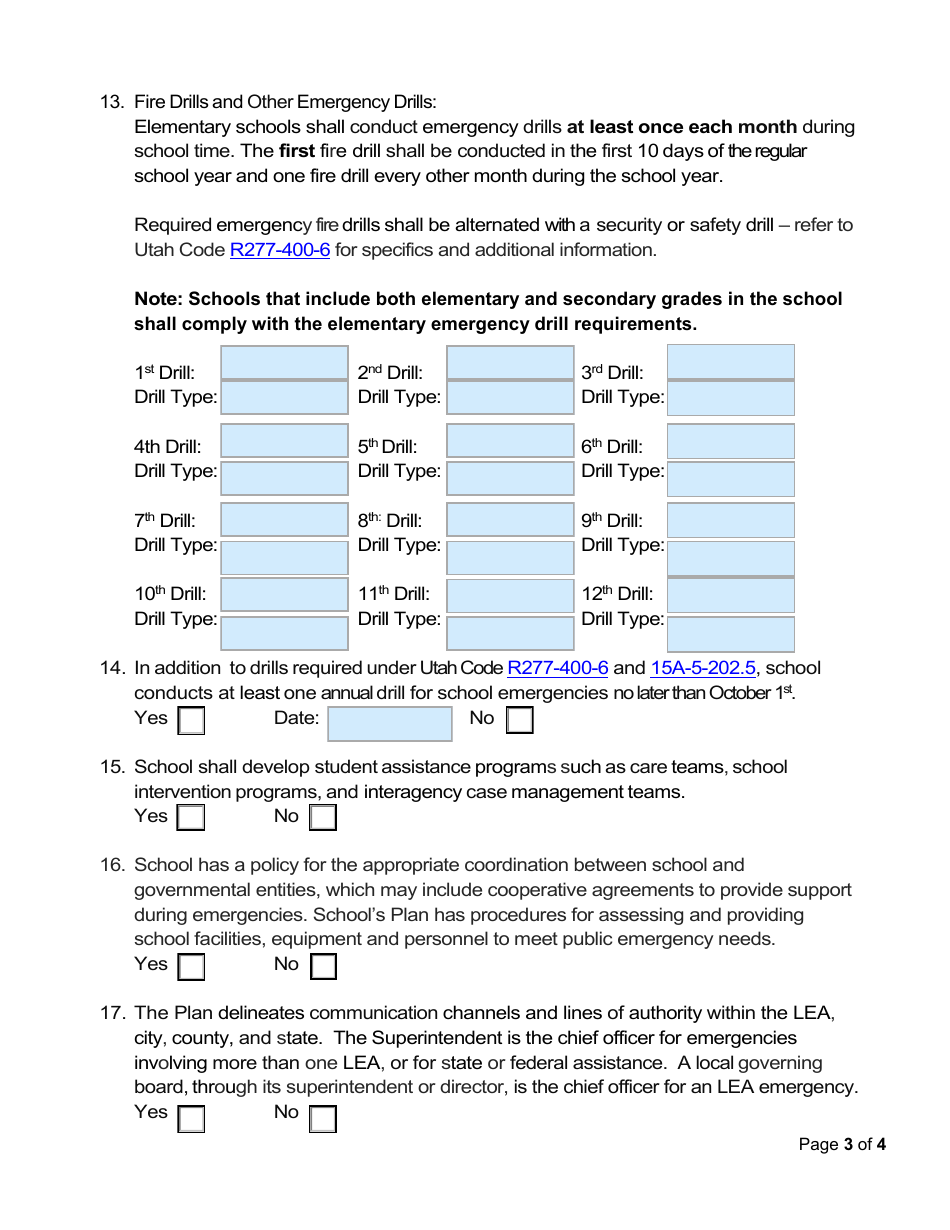 Elementary School Level Emergency Compliance and Assurance Form - Utah, Page 3