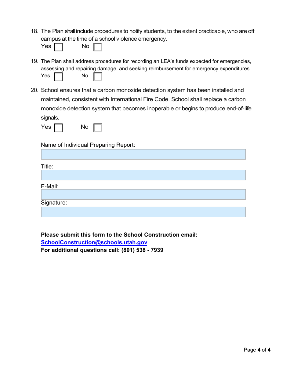 Elementary School Level Emergency Compliance and Assurance Form - Utah, Page 4