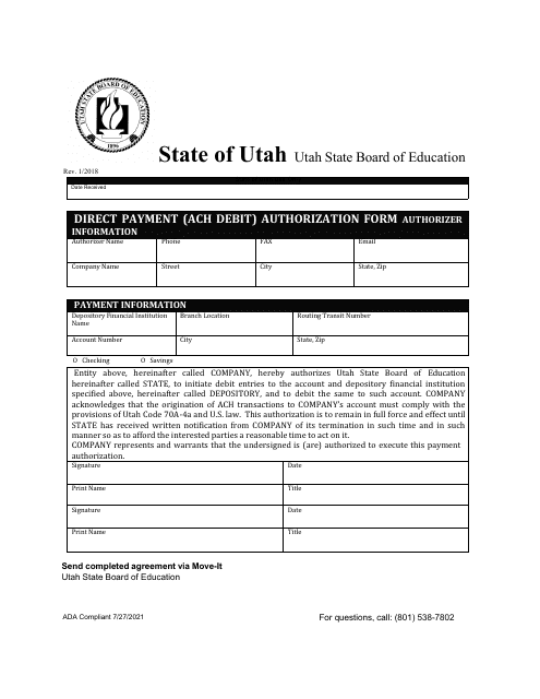 Direct Payment (ACH Debit) Authorization Form - Utah Download Pdf