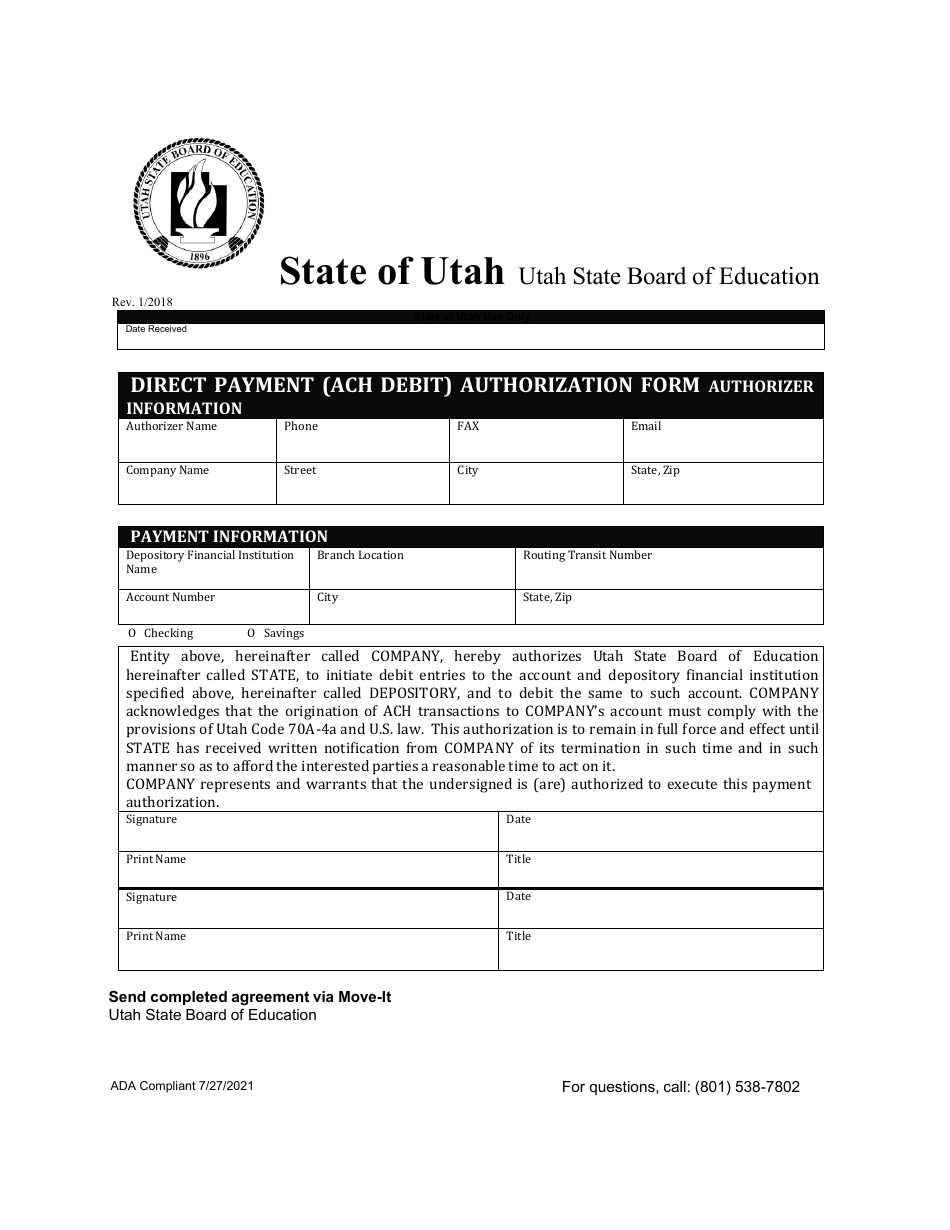 Direct Payment (ACH Debit) Authorization Form - Utah, Page 1