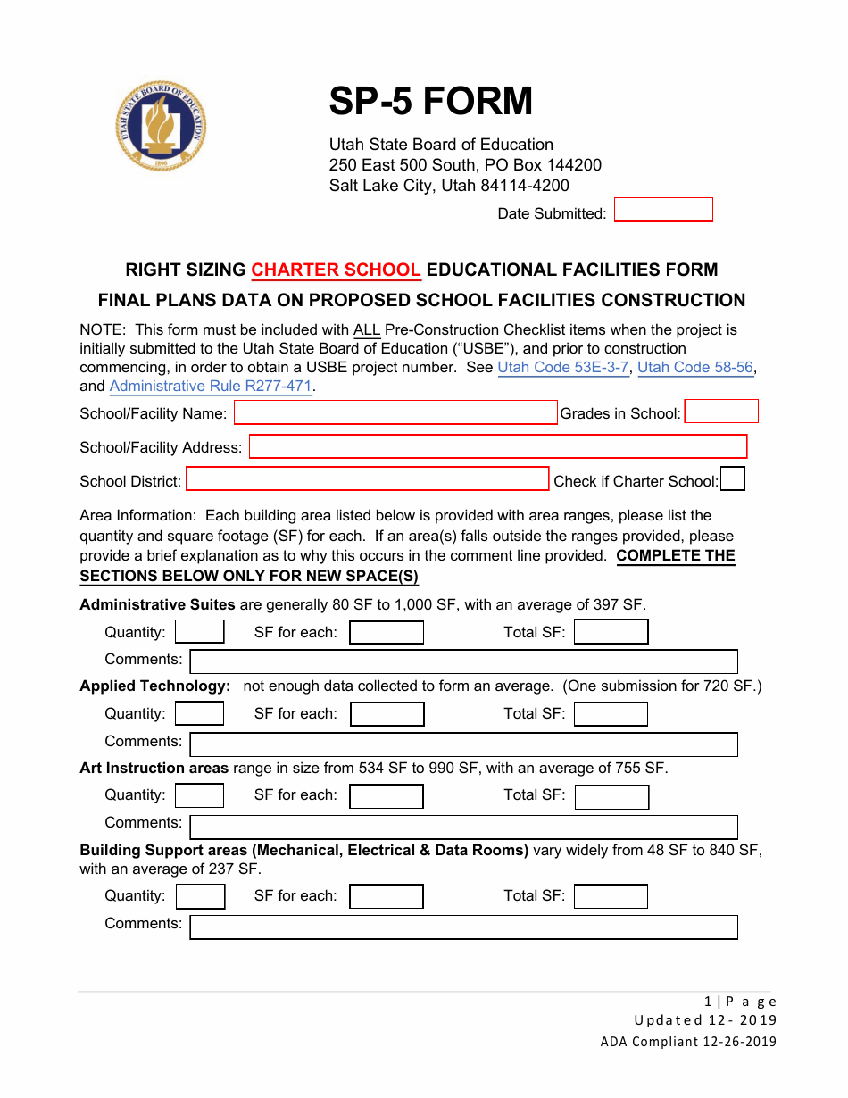 Form SP-5 Right Sizing Charter School Educational Facilities Form - Utah, Page 1