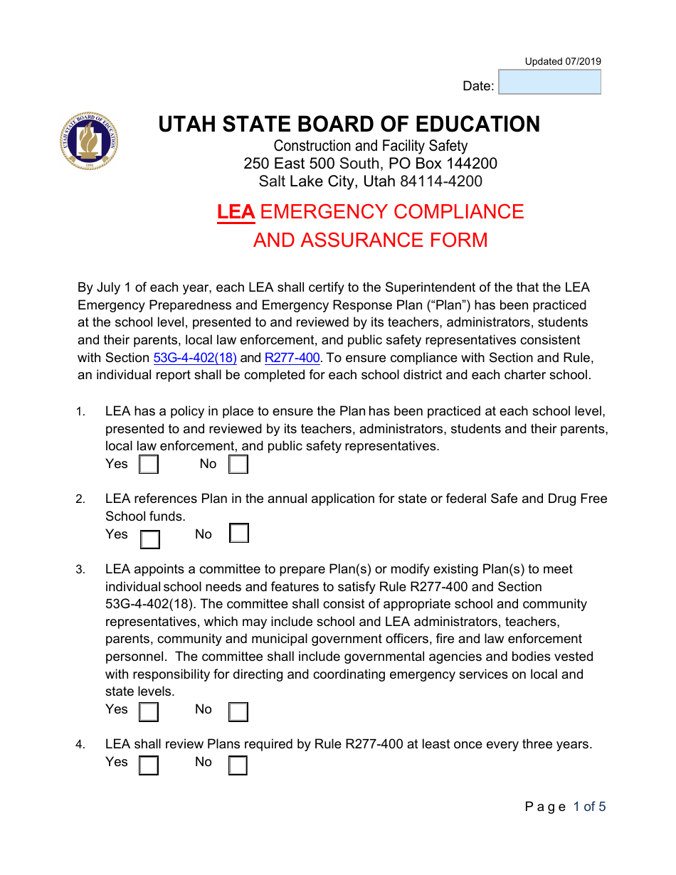 Lea Emergency Compliance and Assurance Form - Utah, Page 1