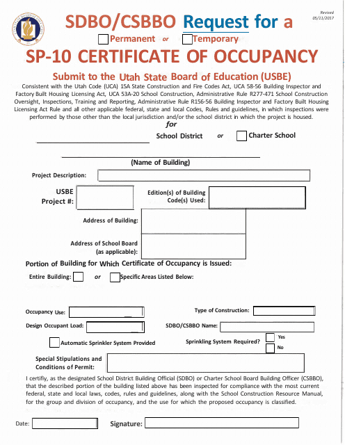 Form SP-10 Request for Certificate of Occupancy - Utah