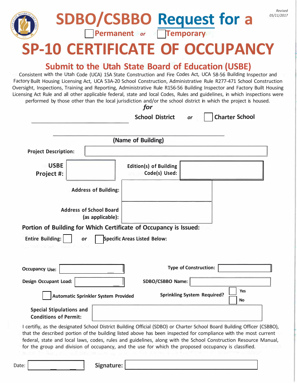 Form SP-10 Request for Certificate of Occupancy - Utah, Page 1