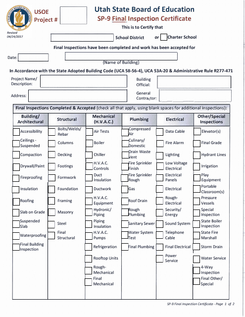 Form SP-9 Final Inspection Certificate - Utah