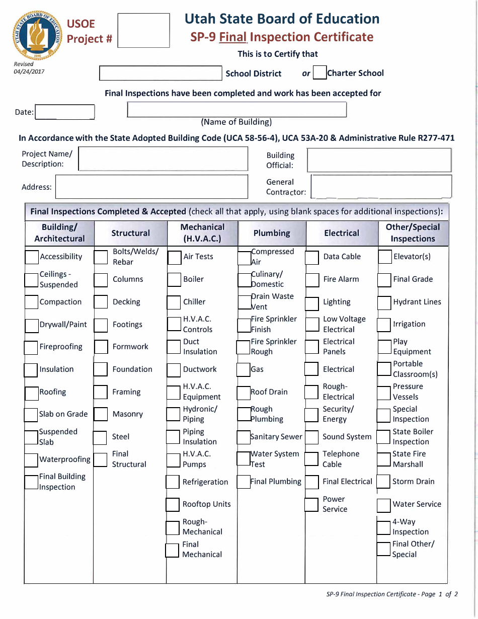 Form SP-9 Final Inspection Certificate - Utah, Page 1