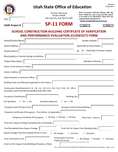 Form SP-11 School Construction Building Certifcate of Verification and Performance Evaluation (Closeout) Form - Utah
