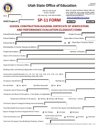 Form SP-11 School Construction Building Certifcate of Verification and Performance Evaluation (Closeout) Form - Utah