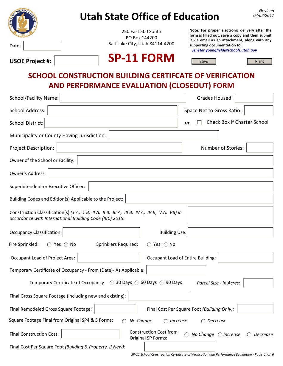 Form SP-11 School Construction Building Certifcate of Verification and Performance Evaluation (Closeout) Form - Utah, Page 1