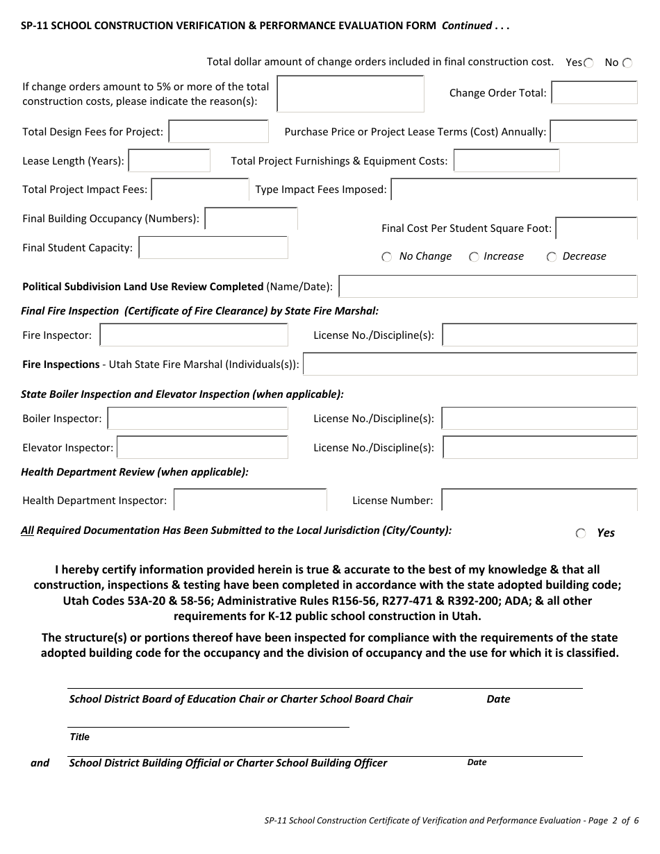 Form SP-11 School Construction Building Certifcate of Verification and Performance Evaluation (Closeout) Form - Utah, Page 2