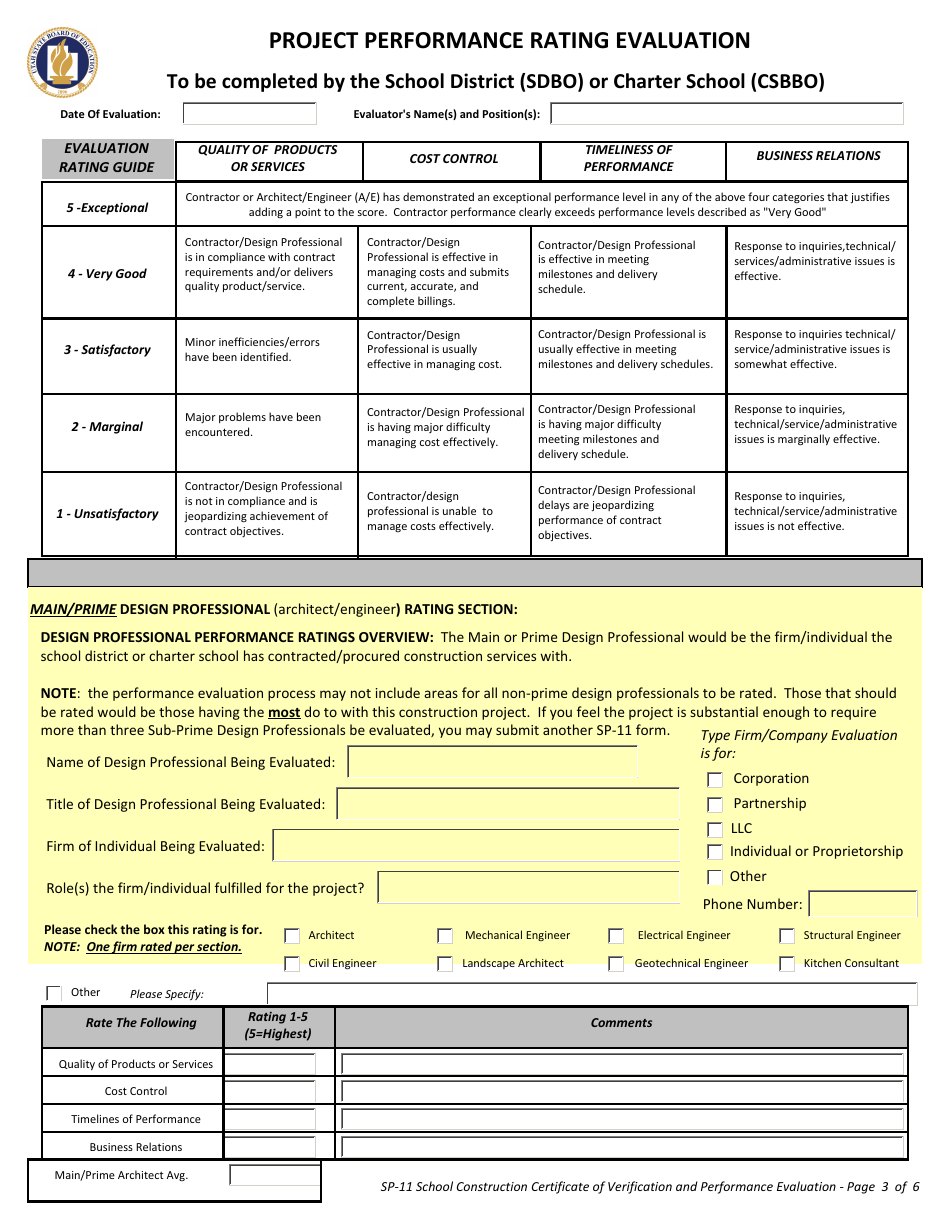 Form SP-11 School Construction Building Certifcate of Verification and Performance Evaluation (Closeout) Form - Utah, Page 3