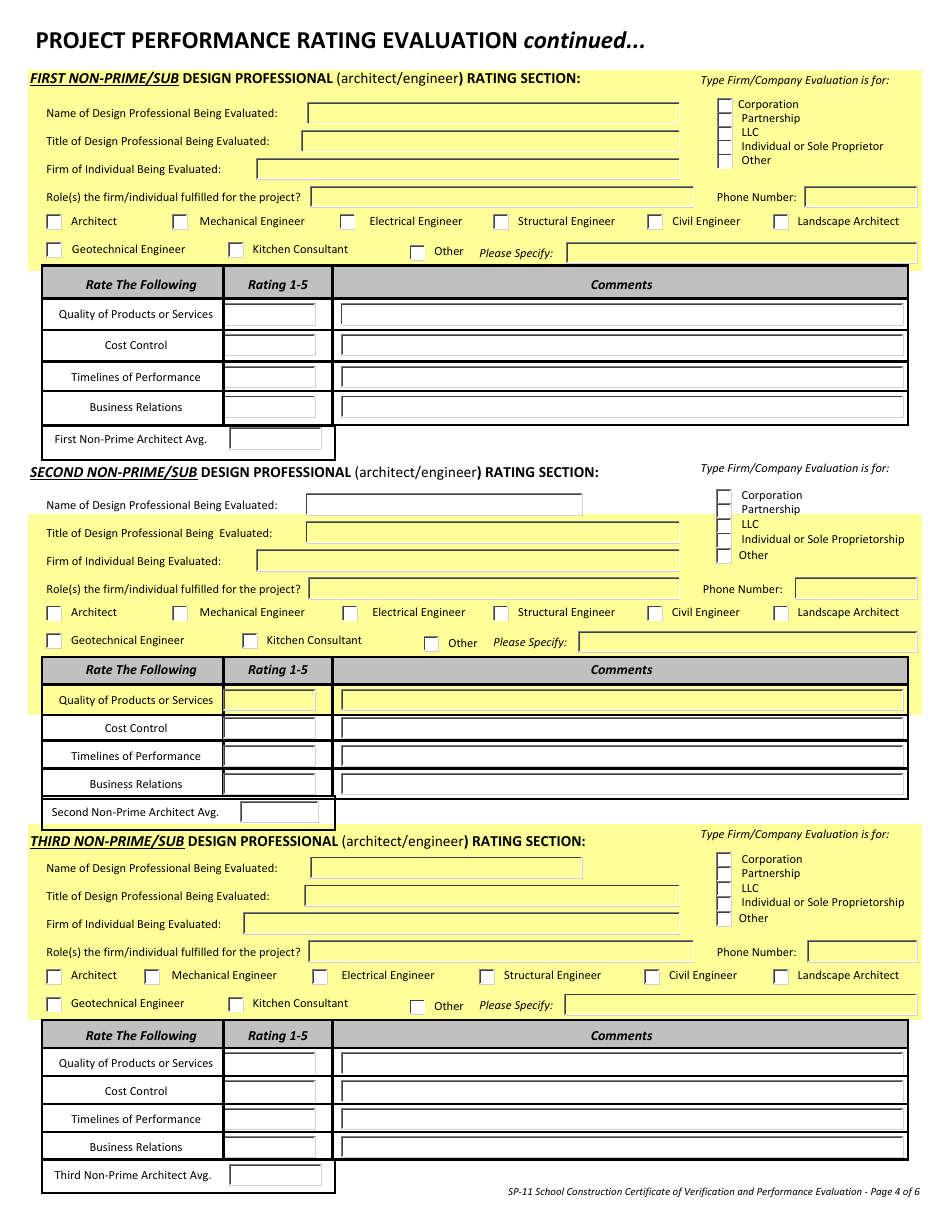 Form SP-11 School Construction Building Certifcate of Verification and Performance Evaluation (Closeout) Form - Utah, Page 4