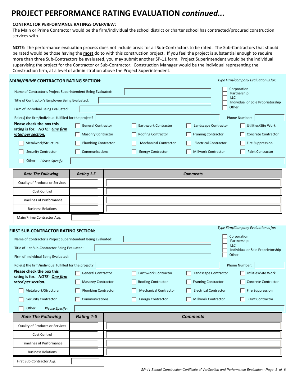 Form SP-11 School Construction Building Certifcate of Verification and Performance Evaluation (Closeout) Form - Utah, Page 5