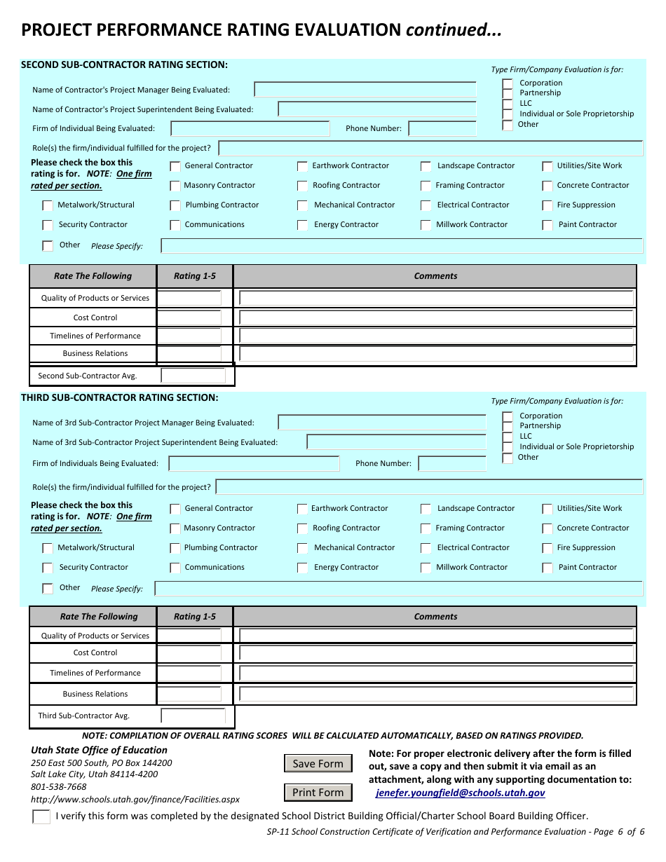Form SP-11 School Construction Building Certifcate of Verification and Performance Evaluation (Closeout) Form - Utah, Page 6