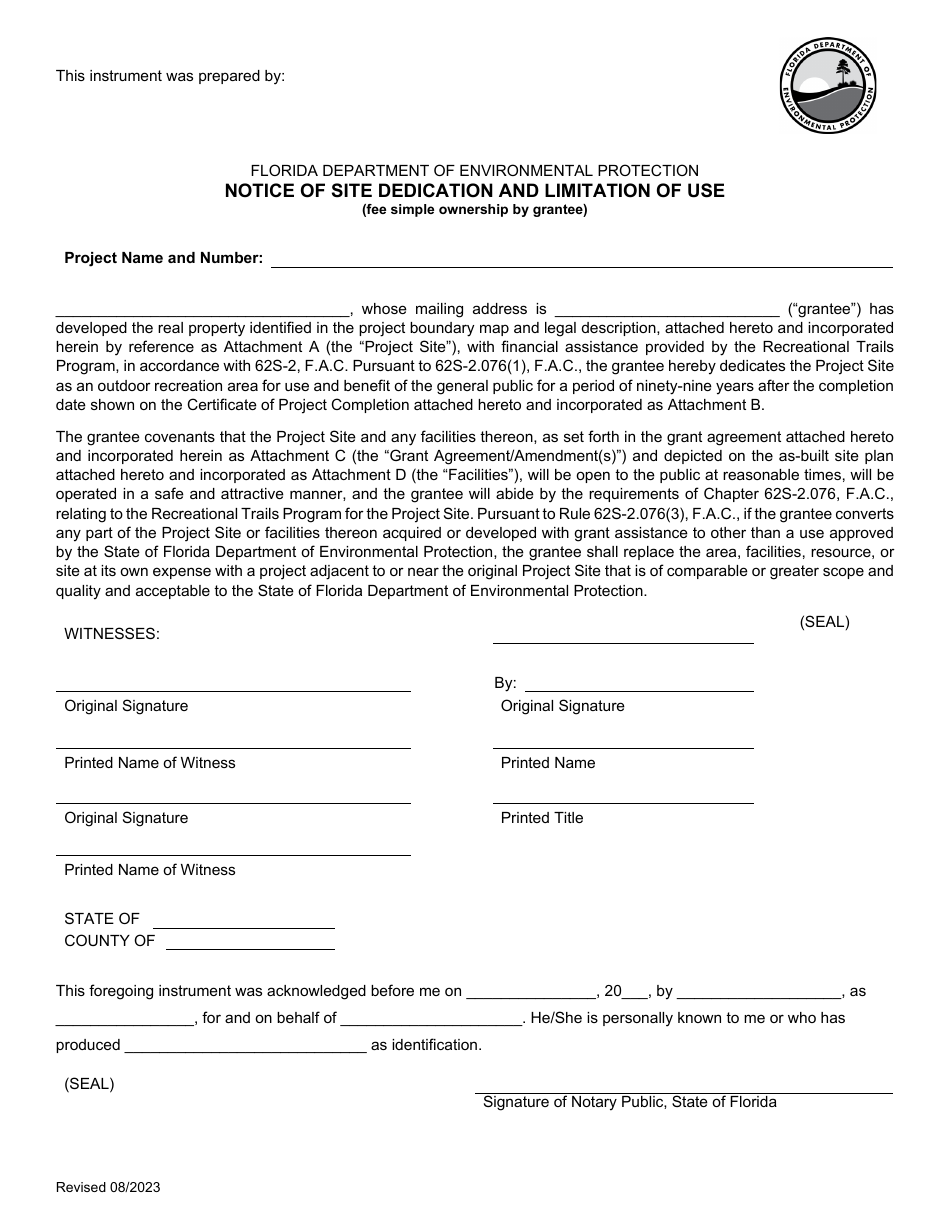 Notice of Site Dedication and Limitation of Use (Fee Simple Ownership by Grantee) - Florida, Page 1