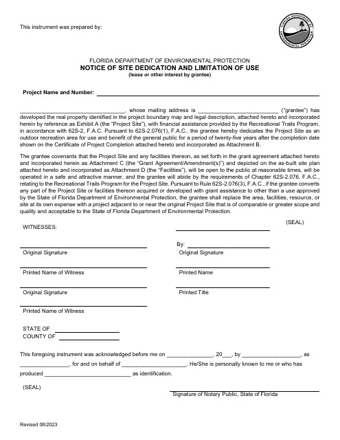 Notice of Site Dedication and Limitation of Use (Lease or Other Interest by Grantee) - Florida