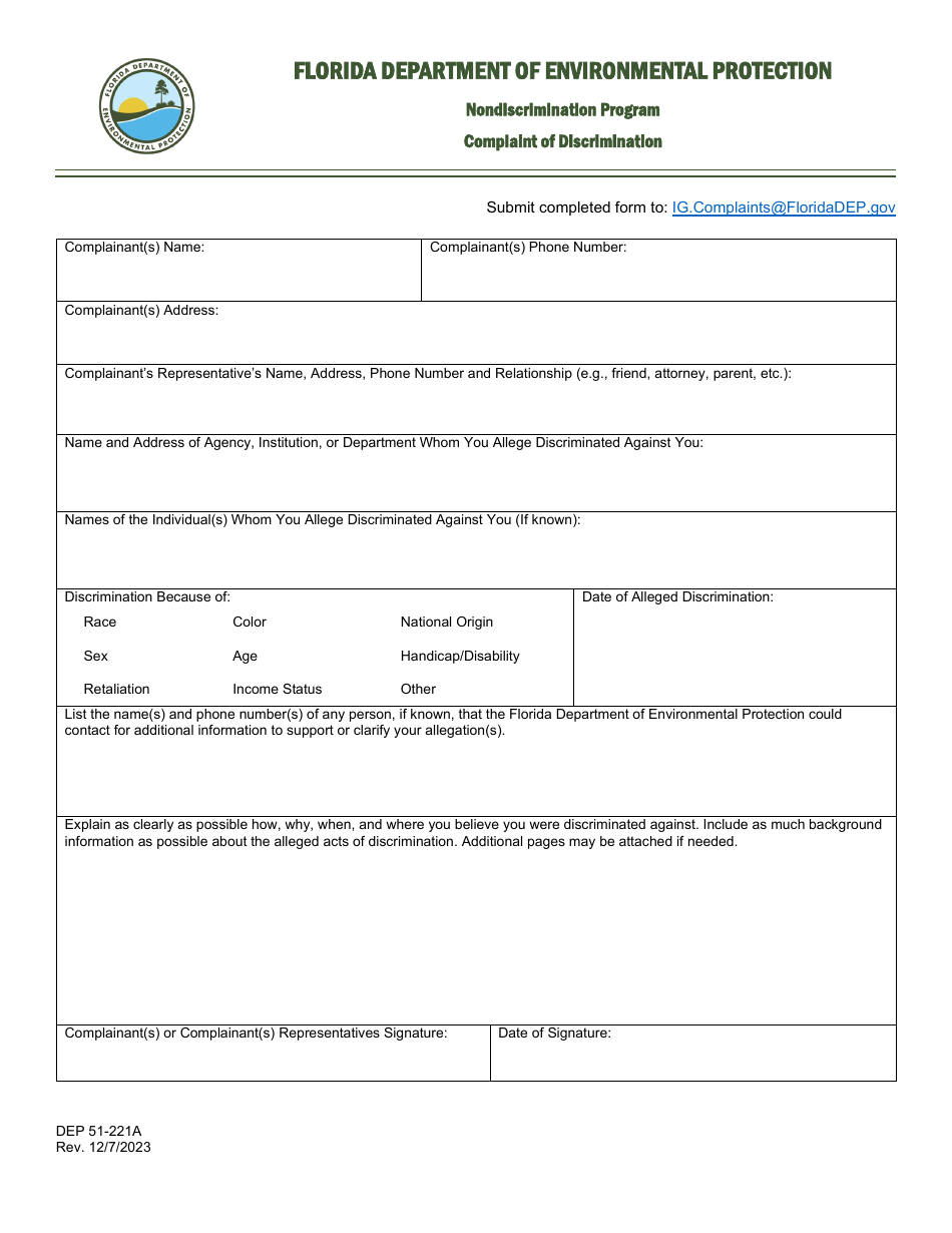 Form DEP51-221A Complaint of Discrimination - Nondiscrimination Program - Florida, Page 1