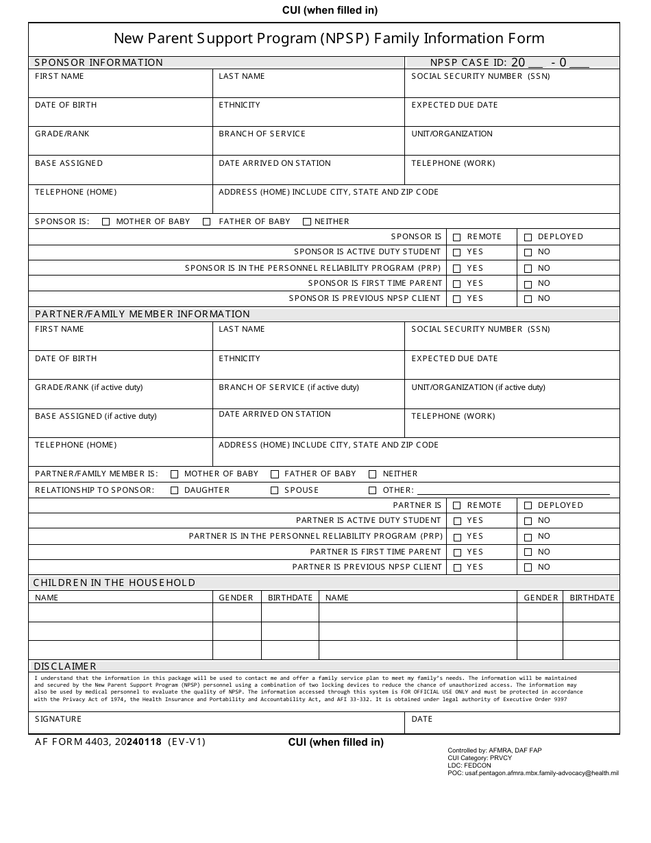 AF Form 4403 New Parent Support Program (Npsp) Family Information Form, Page 1
