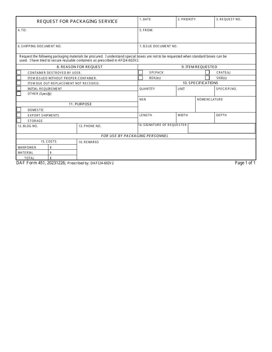 AF Form 451 Request for Packaging Service, Page 1