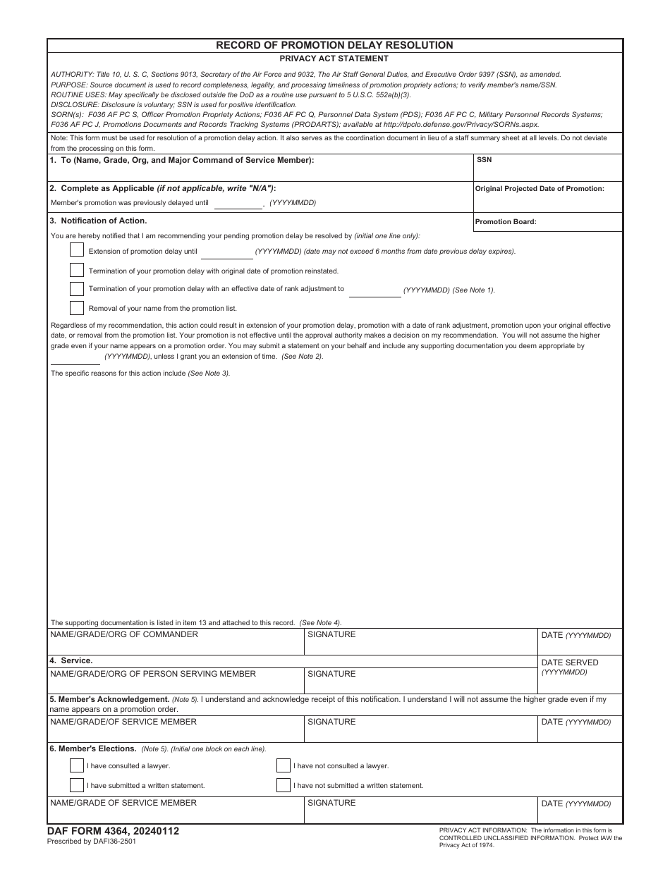 DAF Form 4364 Record of Promotion Delay Resolution, Page 1
