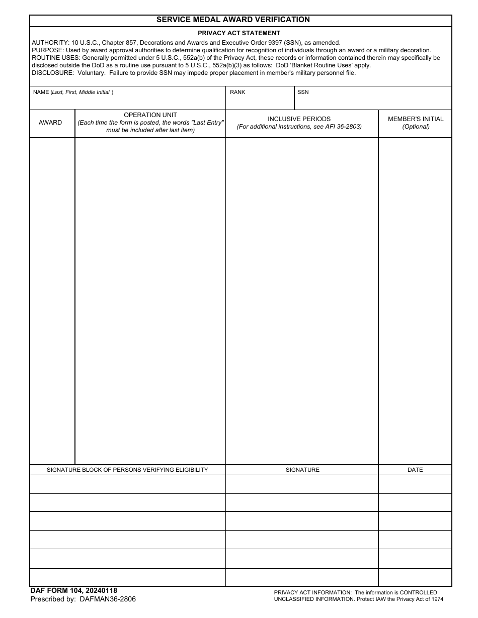 DAF Form 104 Fill Out Sign Online And Download Fillable PDF