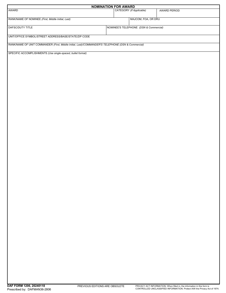 DAF Form 1206 Nomination for Award, Page 1
