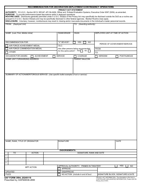 DAF Form 3994  Printable Pdf
