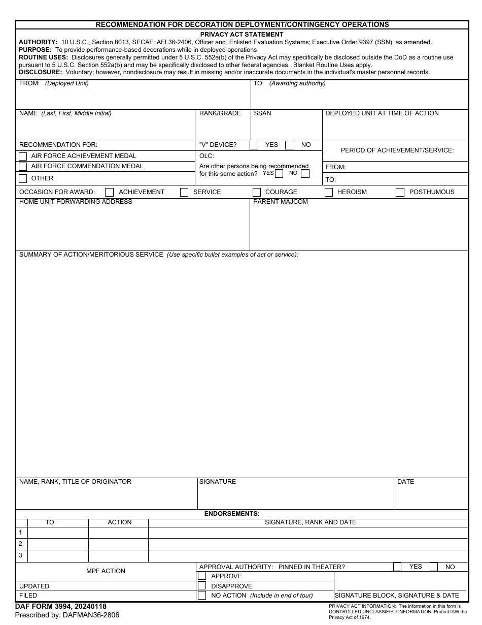 DAF Form 3994 Recommendation for Decoration Deployment / Contingency Operations, Page 1
