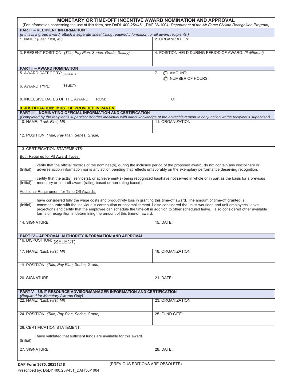 DAF Form 3670 Monetary or Time-Off Incentive Award Nomination and Approval, Page 1