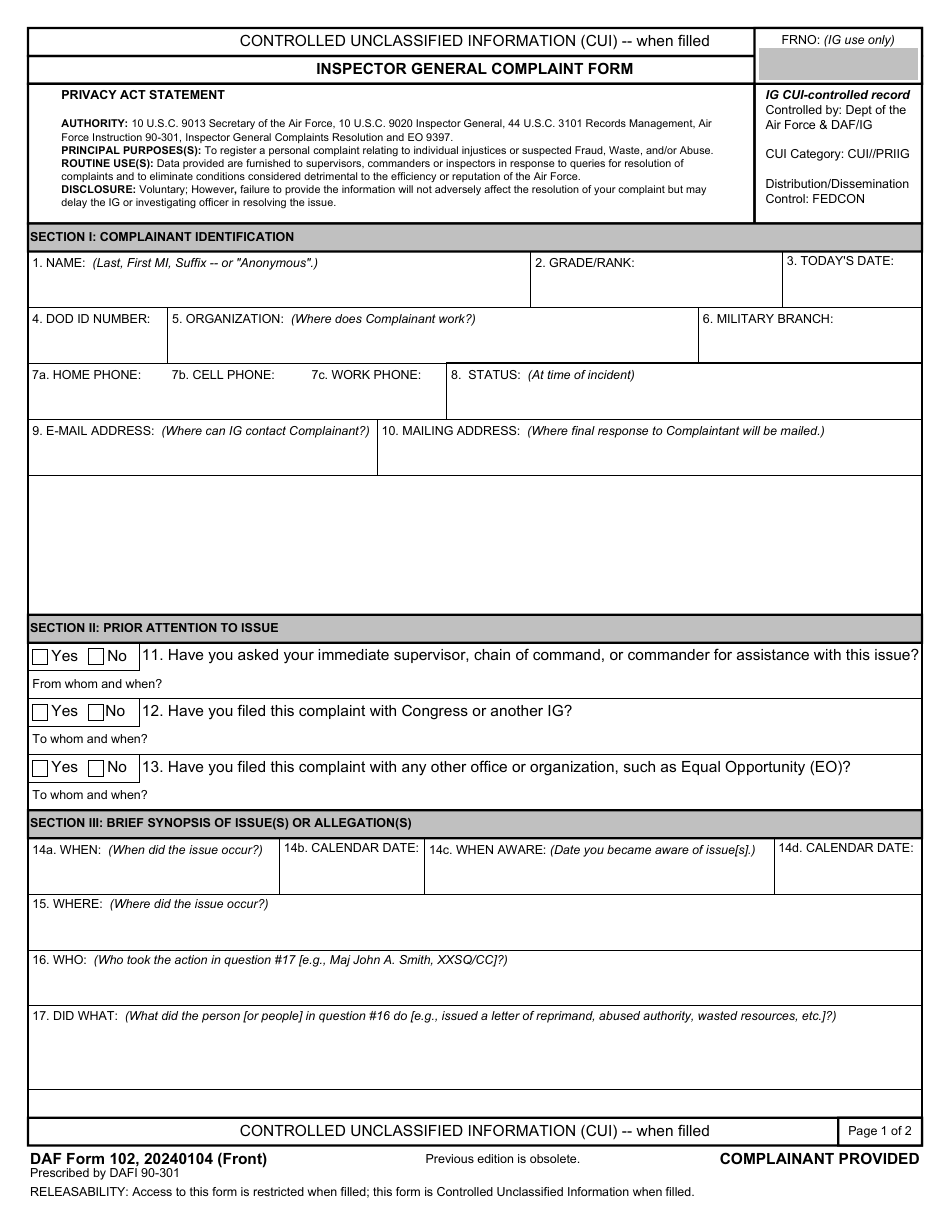 DAF Form 102 Inspector General Complaint Form, Page 1